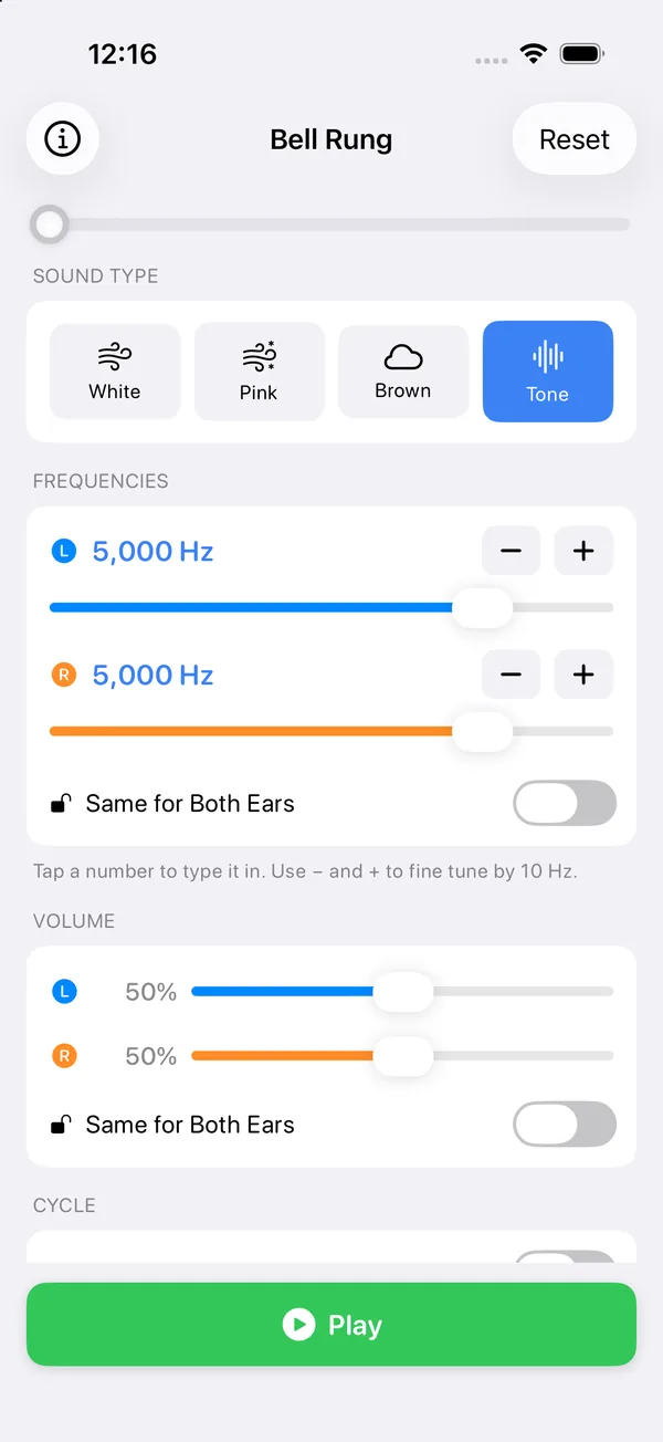 The Bell Rung app: sound type buttons for white, pink, and brown noise and tone, separate frequency and volume sliders for the left and right ear, and a green Play button.